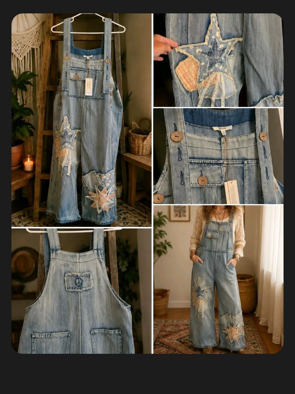 Light Wash Denim Star Patch Wide-Leg Women’s Overalls